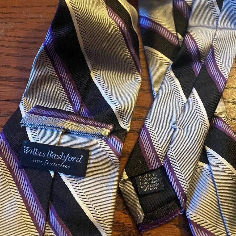 Wilkes Bashford Elegant Striped Tie in Black, Purple, and Silver